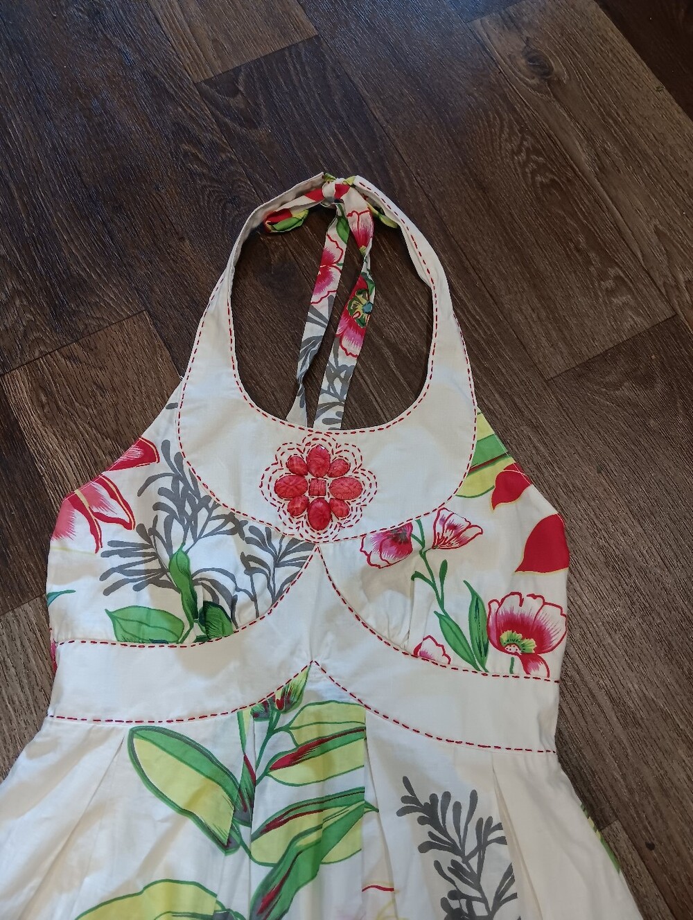 Axyeh White Halter Floral Mini Dress with Pink & Green Accents Summer Sz M Y2k - Picture 2 of 4